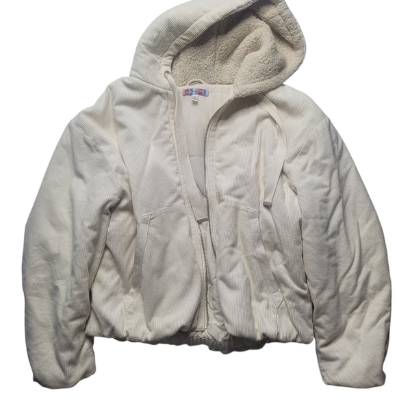 Urban Outfitters Casey Corduroy Zip Hooded Puffer Jacket White Ivory Large - Picture 2 of 13